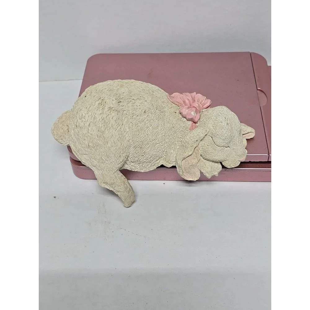 Sleeping White Bunny Rabbit with Pink Bow Resin Shelf Sitter Spring Nursery Room